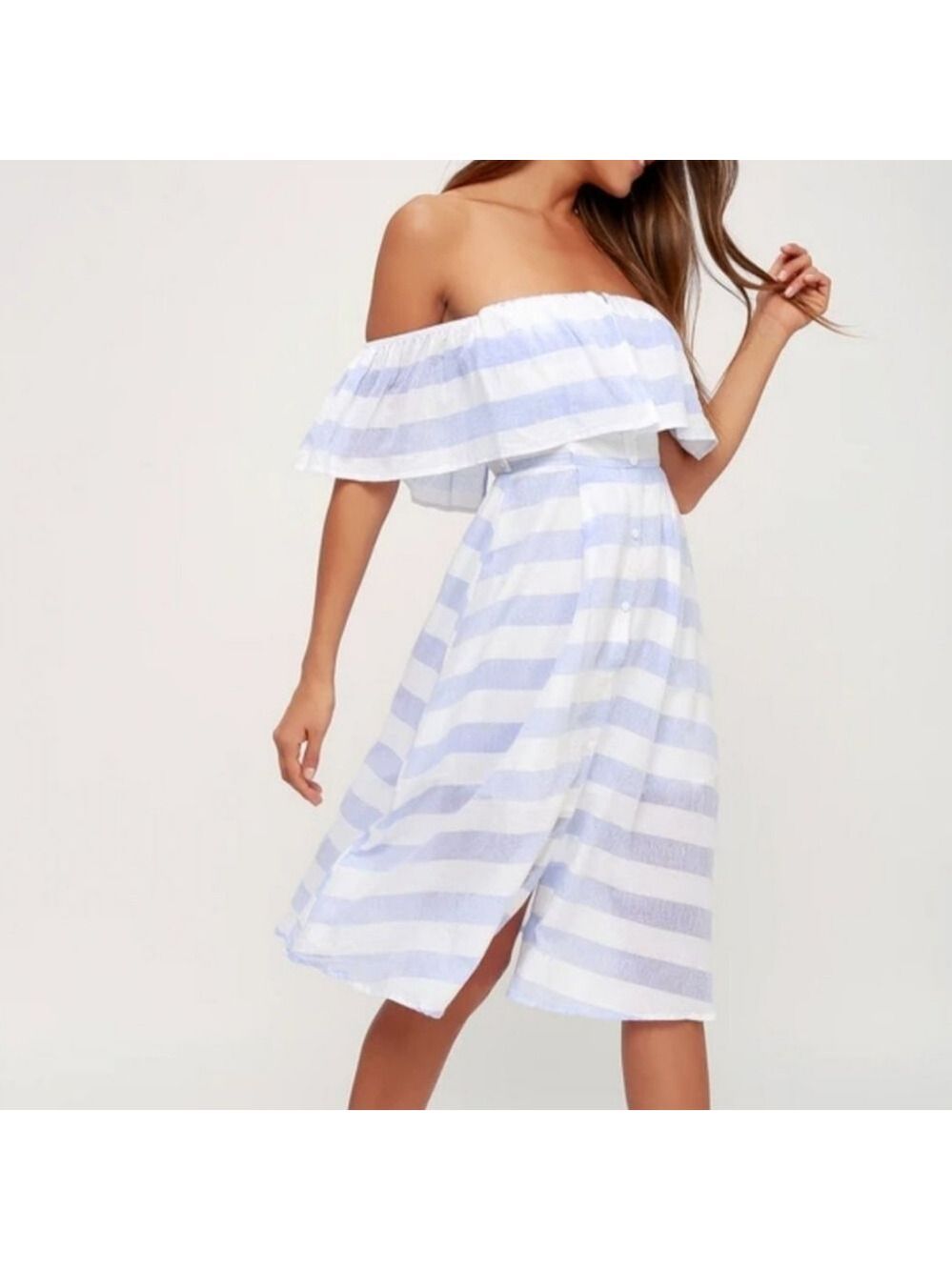 Lulus Transatlantic Voyage Blue and Ivory Striped Midi Dress, Size M